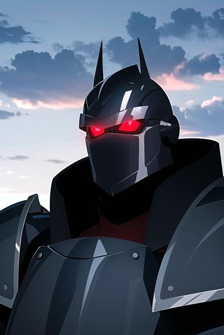 3978524517-3186012547-solo, armor, 1boy, red eyes, male focus, glowing, glowing eyes, helmet, parody, cloud, upper body, sky, full armor, cloudy sky,.png